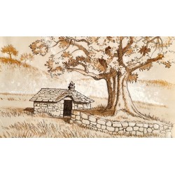 Tenture peinte originale arbre et cabane