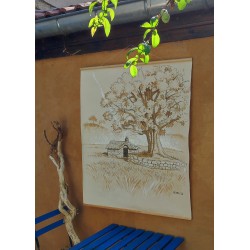 Tenture peinte originale arbre et cabane