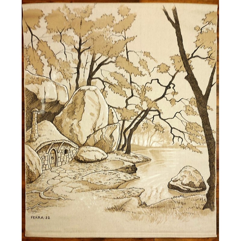 Tenture peinte originale, sur toile, représentant un paysage de forêt et une cabane de lutin  au bord d'un lac.