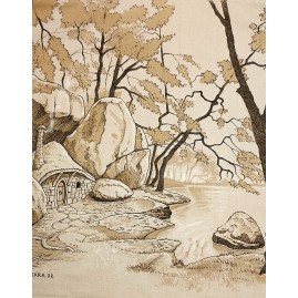 Tenture peinte originale, sur toile, représentant un paysage de forêt et une cabane de lutin  au bord d'un lac.