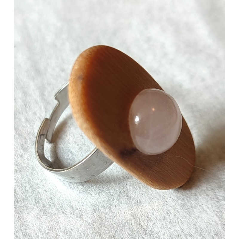 Bague réglable en Bambou et Quartz Rose