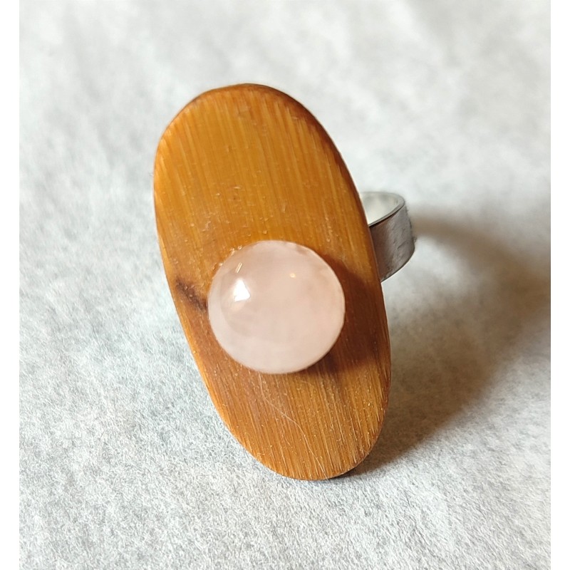 Bague réglable en Bambou et Quartz Rose