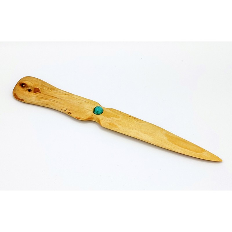 Coupe papier en bois de laurier Sauce avec incrustation de Chrysocolle.